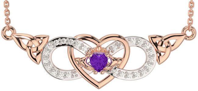 Diamond Amethyst Rose Gold Celtic Trinity Knot Infinity Heart Claddagh Necklace