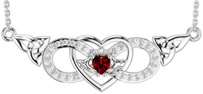 Diamond Garnet Silver Celtic Trinity Knot Infinity Heart Claddagh Necklace