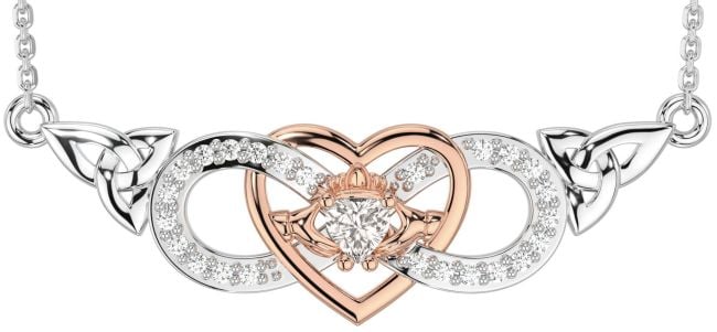 Diamond Rose Gold Silver Celtic Trinity Knot Infinity Heart Claddagh Necklace