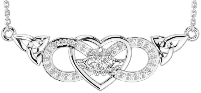 Diamond White Gold Celtic Trinity Knot Infinity Heart Claddagh Necklace