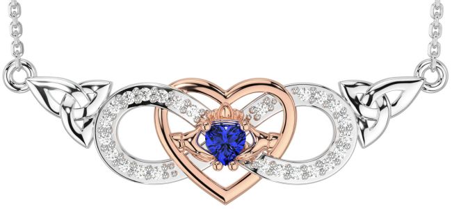 Diamond Sapphire White Rose Gold Celtic Trinity Knot Infinity Heart Claddagh Necklace