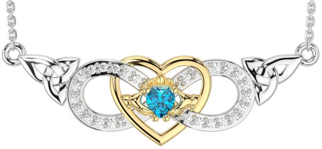 Diamond Topaz White Yellow Gold Celtic Trinity Knot Infinity Heart Claddagh Necklace