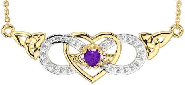 Diamant Ametyst Guld Keltisk Treenighed Knude Uendelighed Hjerte Claddagh Halskæde