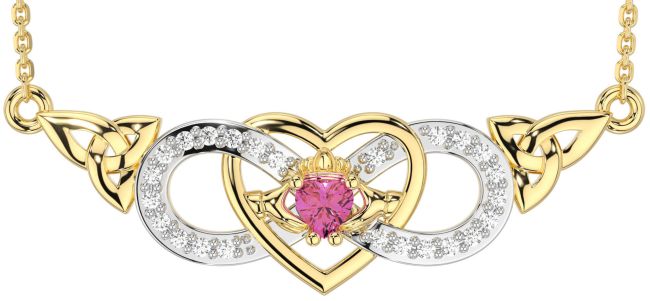 Diamond Pink Tourmaline Gold Celtic Trinity Knot Infinity Heart Claddagh Necklace