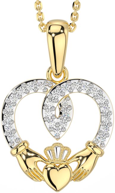 Diamond Gold Silver Claddagh Celtic Heart Necklace