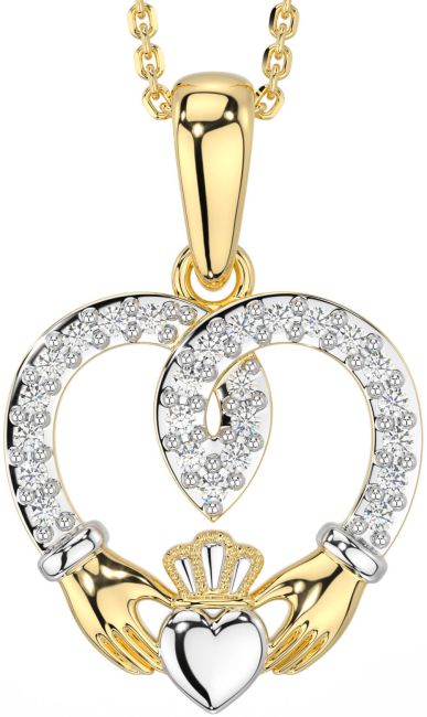 Diamond White Yellow Gold Claddagh Celtic Heart Necklace