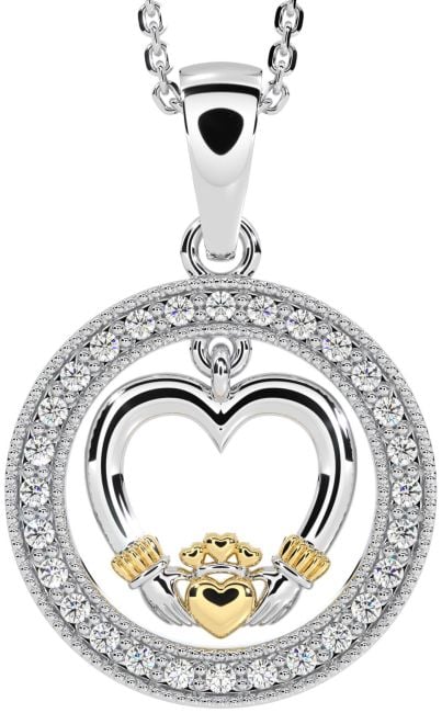 Diamond Gold Silver Claddagh Heart Necklace