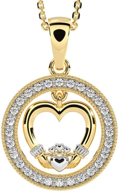 Diamond White Yellow Gold Claddagh Heart Necklace