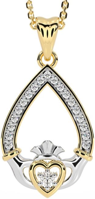 Diamond White Yellow Gold Claddagh Necklace