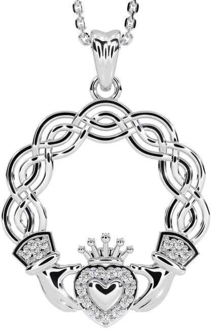 Diamond Silver Celtic Claddagh Necklace