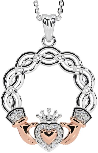 Diamond White Rose Gold Celtic Claddagh Necklace