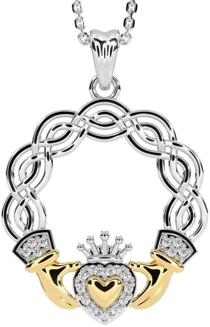 Diamond White Yellow Gold Celtic Claddagh Necklace