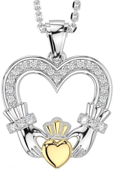 Diamond Gold Silver Claddagh Celtic Heart Necklace