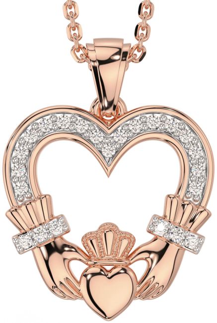 Diamond Rose Gold Silver Claddagh Celtic Heart Necklace