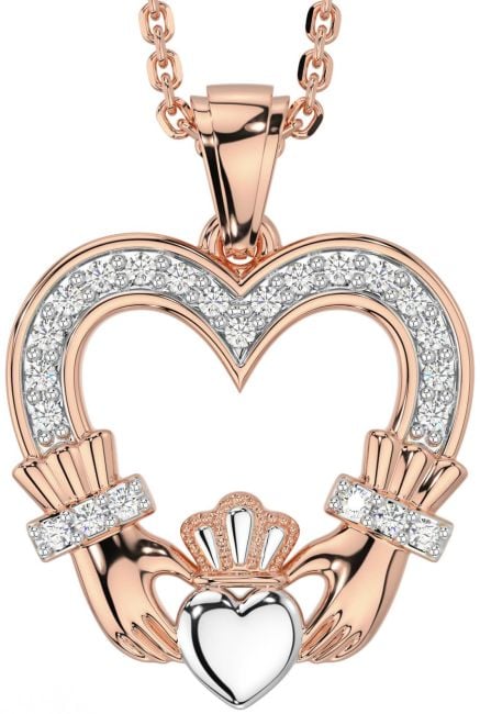 Diamond Rose Gold Silver Claddagh Celtic Heart Necklace