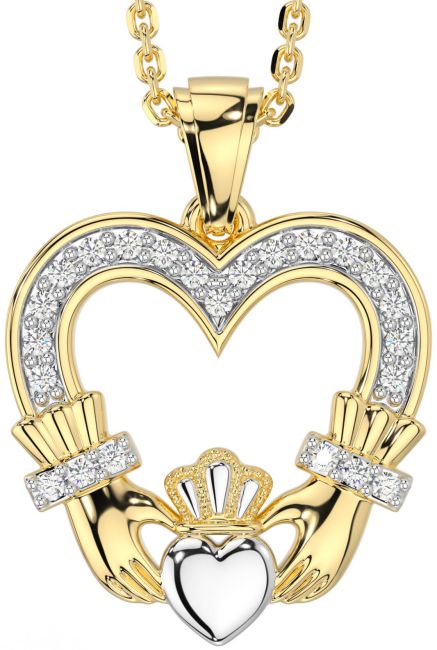 Diamond White Yellow Gold Claddagh Celtic Heart Necklace