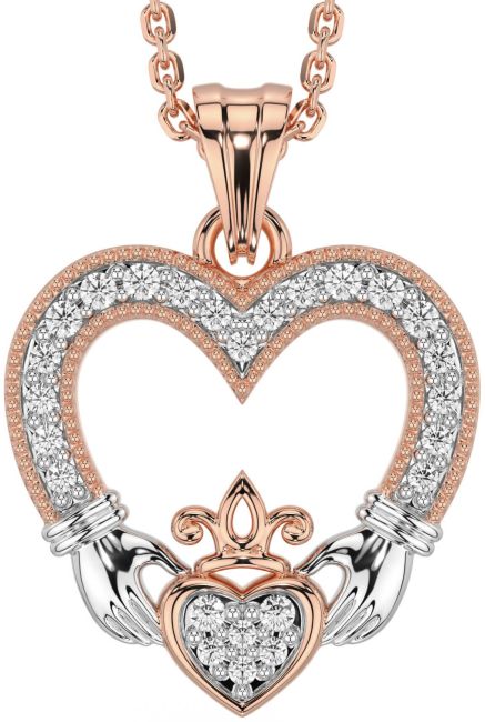 Diamond Rose Gold Silver Claddagh Celtic Heart Necklace