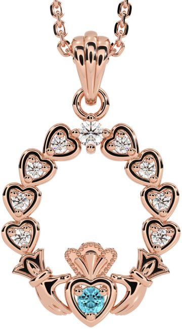 Diamond Aquamarine Rose Gold Silver Claddagh Heart Necklace