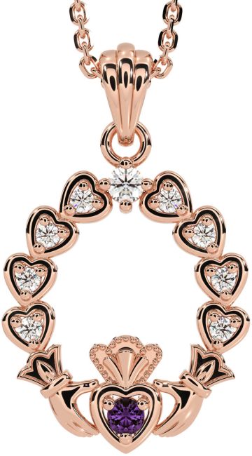 Diamond Alexandrite Rose Gold Silver Claddagh Heart Necklace