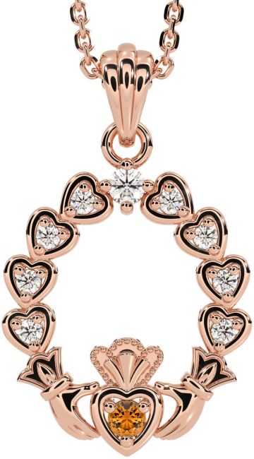 Diamond Citrine Rose Gold Silver Claddagh Heart Necklace