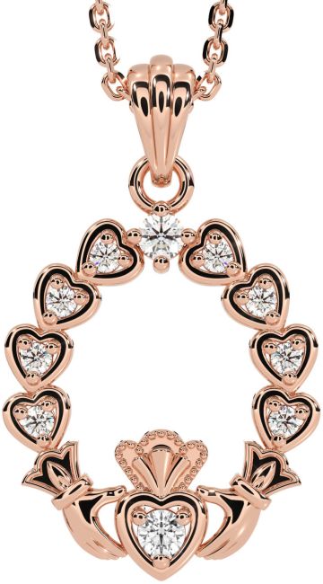 Diamond Rose Gold Silver Claddagh Heart Necklace