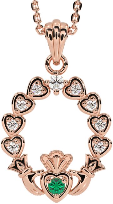 Diamond Emerald Rose Gold Silver Claddagh Heart Necklace