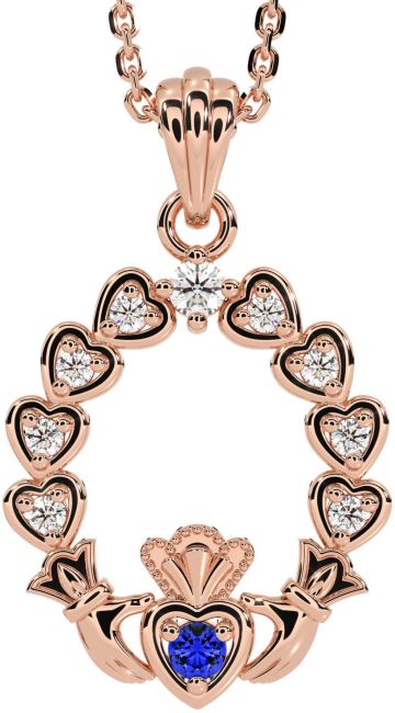 Diamond Sapphire Rose Gold Silver Claddagh Heart Necklace