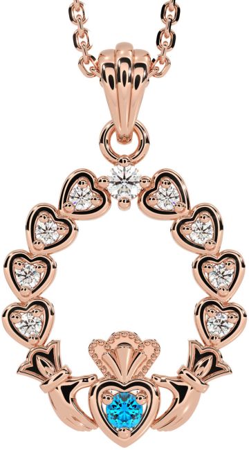 Diamond Topaz Rose Gold Silver Claddagh Heart Necklace