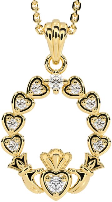 Diamond Gold Silver Claddagh Heart Necklace