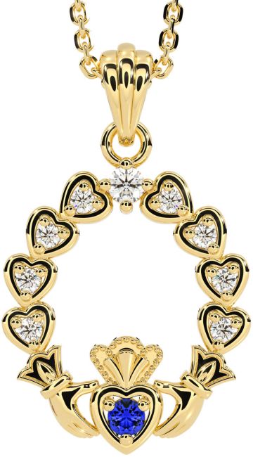 Diamond Sapphire Gold Silver Claddagh Heart Necklace