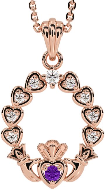 Diamond Amethyst Rose Gold Claddagh Heart Necklace