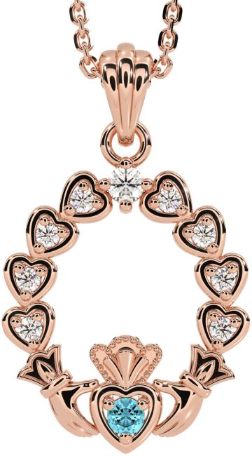 Diamond Aquamarine Rose Gold Claddagh Heart Necklace