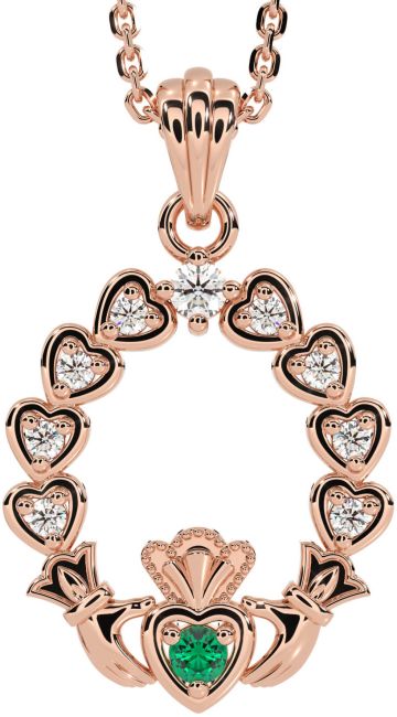 Diamond Emerald Rose Gold Claddagh Heart Necklace