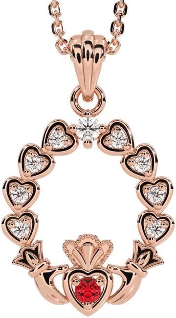 Diamond Ruby Rose Gold Claddagh Heart Necklace