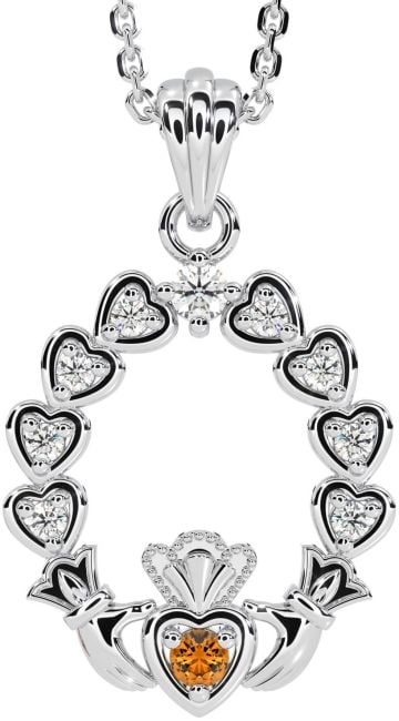 Diamond Citrine Silver Claddagh Heart Necklace