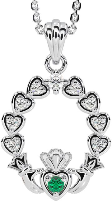 Diamant Smaragd Silber Claddagh Herz Halskette