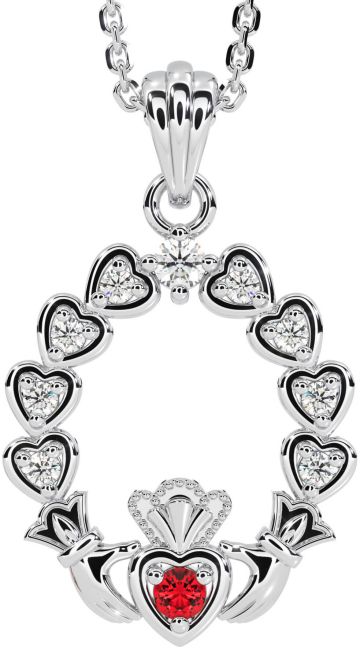 Diamond Ruby Silver Claddagh Heart Necklace