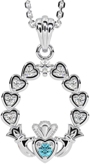 Diamond Aquamarine White Gold Claddagh Heart Necklace