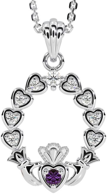 Diamond Alexandrite White Gold Claddagh Heart Necklace