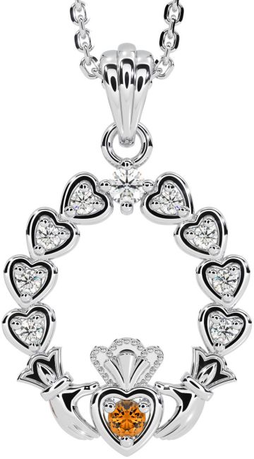 Diamond Citrine White Gold Claddagh Heart Necklace