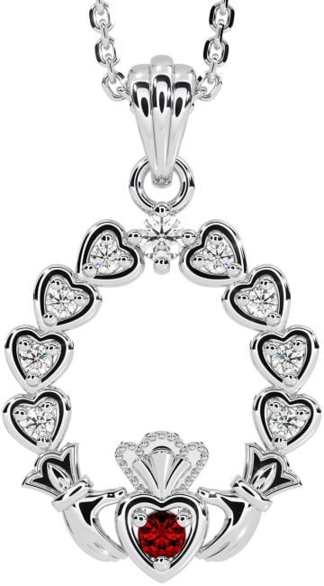Diamond Garnet White Gold Claddagh Heart Necklace