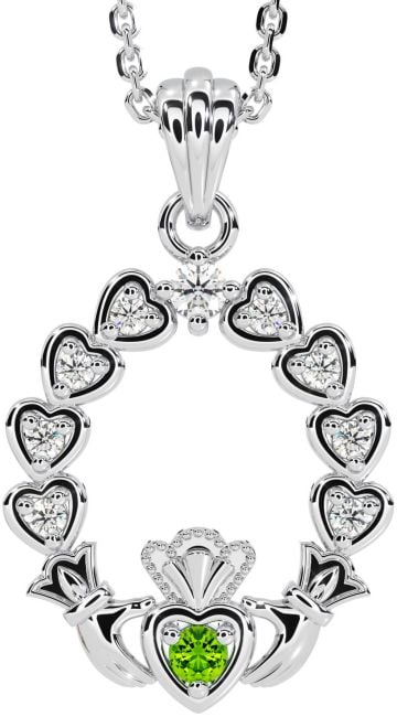 Diamond Peridot White Gold Claddagh Heart Necklace