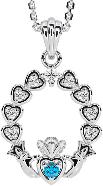 Diamond Topaz White Gold Claddagh Heart Necklace