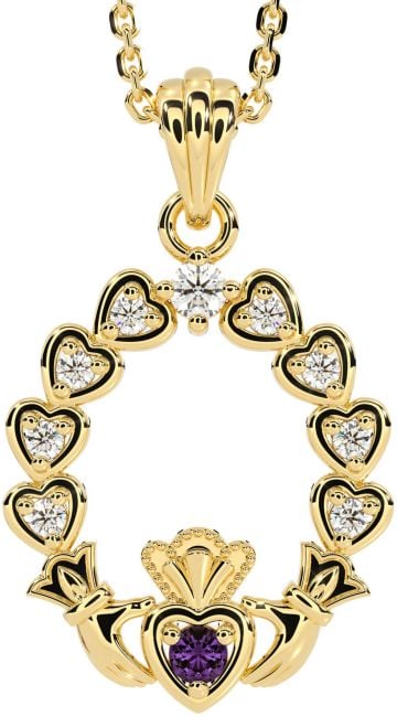 Diamond Alexandrite Gold Claddagh Heart Necklace