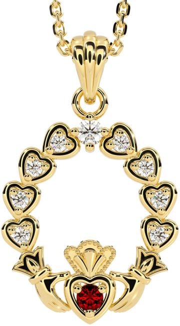 Diamond Garnet Gold Claddagh Heart Necklace