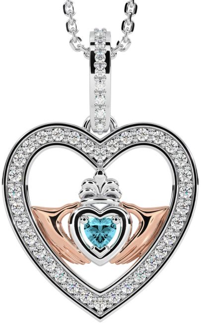 Diamond Aquamarine Rose Gold Silver Claddagh Irish Heart Necklace