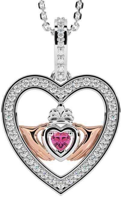 Diamond Pink Tourmaline Rose Gold Silver Claddagh Irish Heart Necklace