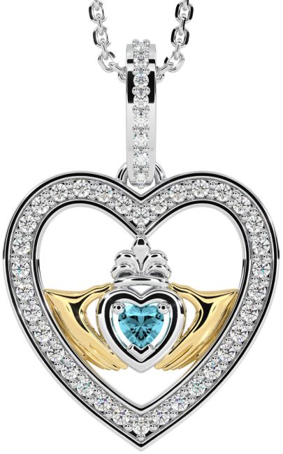 Diamond Aquamarine Gold Silver Claddagh Irish Heart Necklace