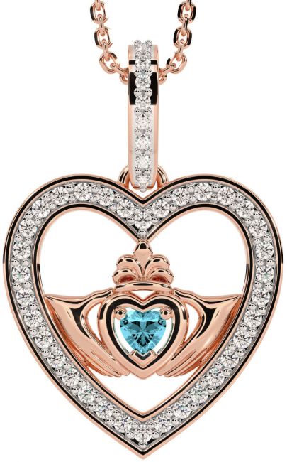 Diamond Aquamarine Rose Gold Silver Claddagh Irish Heart Necklace