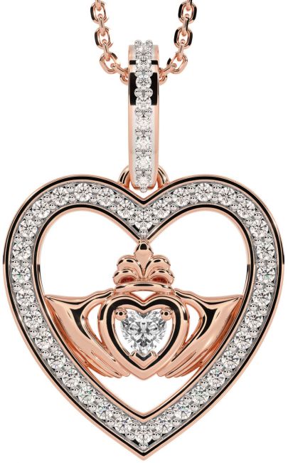 Diamond Rose Gold Silver Claddagh Irish Heart Necklace